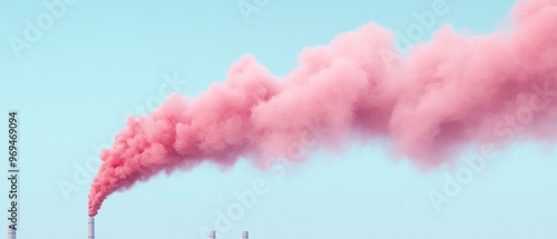 Pink smoke billowing from an industrial chimney against a clear blue sky. Environmental pollution and industrial waste in the atmosphere.
