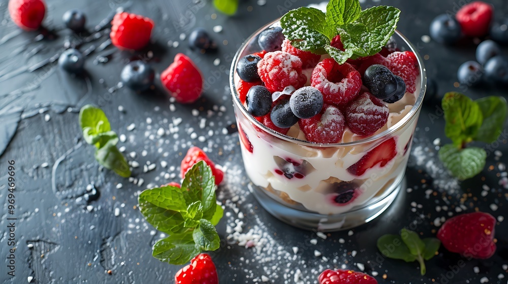 Made at home berries mint dessert without baking on a stone table Made at home berries mint dessert without baking on a stone table