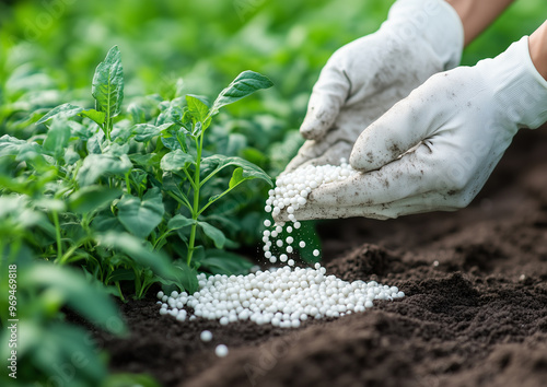  a hand in protective gloves evenly distributes white urea granules over the beds, preparing the soil for harvest. The urea dissolves in the soil, promoting faster plant growth