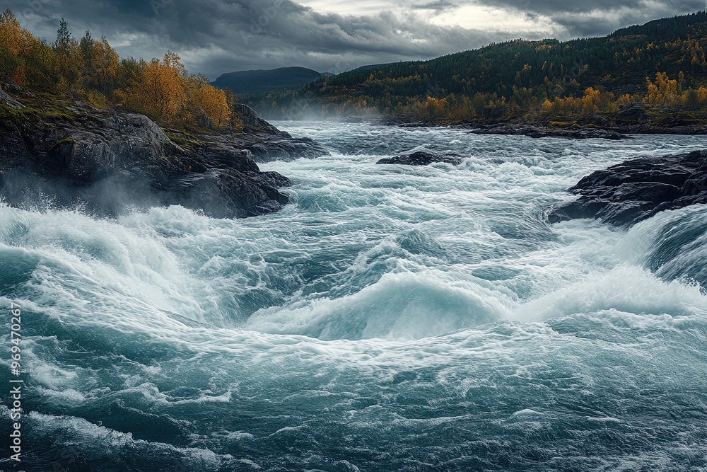 Powerful river rapid flowing through forest landscape Powerful river rapid flowing through forest landscape