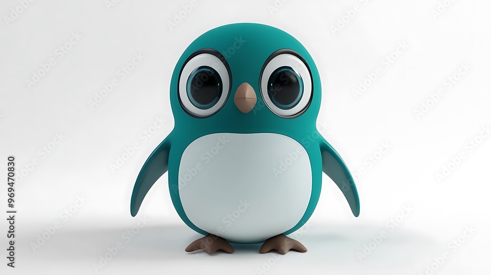 Obraz premium Cheerful Teal Cartoon Penguin Sliding in 3D Style on White Background with Blender Rendering - Cute High-Resolution Full-Body Shot