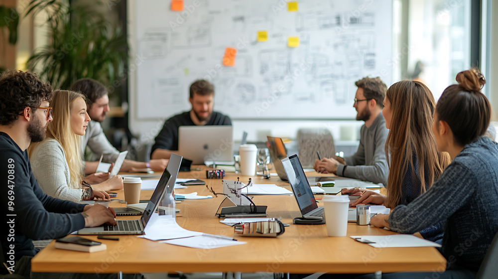 A group of people are sitting around a table in a conference room A group of people are sitting around a table in a conference room
