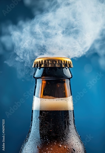 Close-up of a beer bottle with smoke coming out from the neck, against a blue background.beer bottle, close-up, smoke from neck, blue background, beer photography, beer with smoke, frosty beer, bevera photo