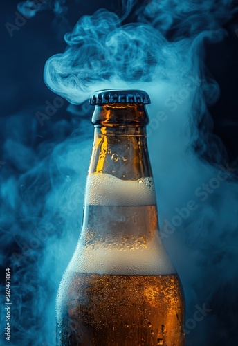 Close-up of a beer bottle with smoke coming out from the neck, against a blue background.beer bottle, close-up, smoke from neck, blue background, beer photography, beer with smoke, frosty beer, bevera photo