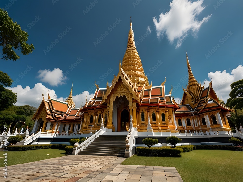 Obraz premium Golden Temple in Thailand with Blue Sky and Clouds
