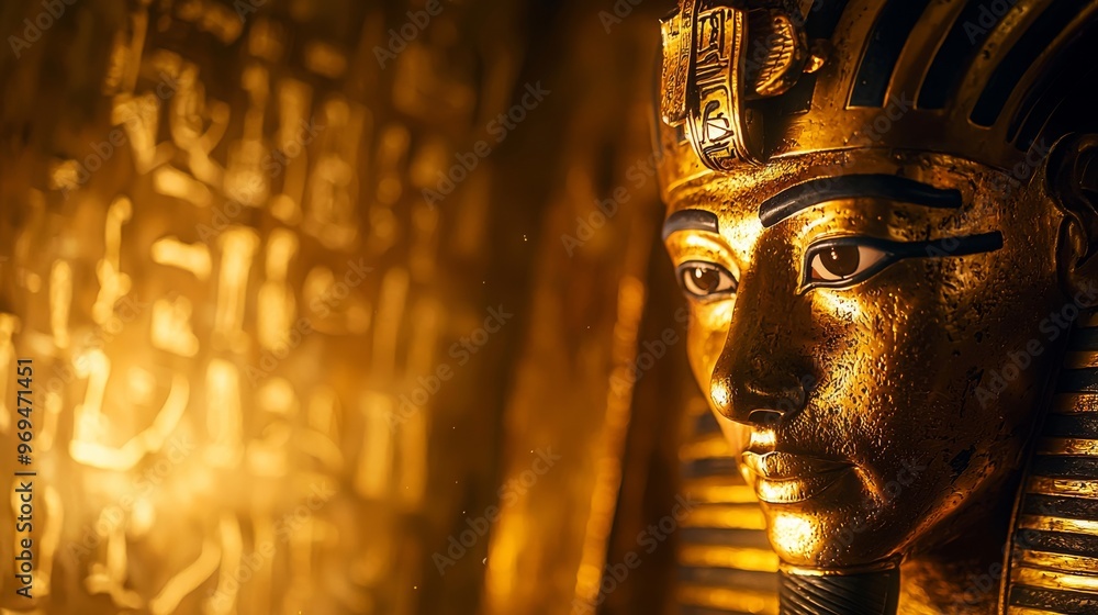 Obraz premium Close-up of an Egyptian pharaoh's golden mask glowing under torchlight with hieroglyphic inscriptions in the background