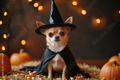 A small dog is wearing a black witch hat and a black cape. The dog is sitting on a pile of candy corn and surrounded by pumpkins. The scene has a festive and playful mood photo