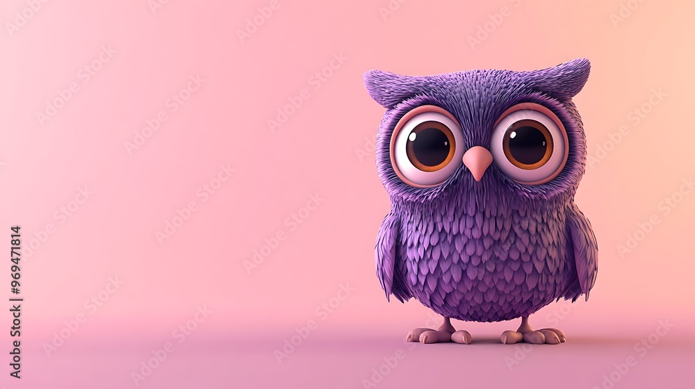 Fototapeta premium Adorable 3D Cartoon Owl - Cheerful Purple Owl with Big Eyes on Pink Background in High Resolution Blender Rendering