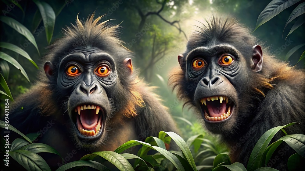 Fierce, fang-bared primates with glowing eyes and raised hackles confront the camera, showcasing raw, aggressive Fierce, fang-bared primates with glowing eyes and raised hackles confront the camera, showcasing raw, aggressive