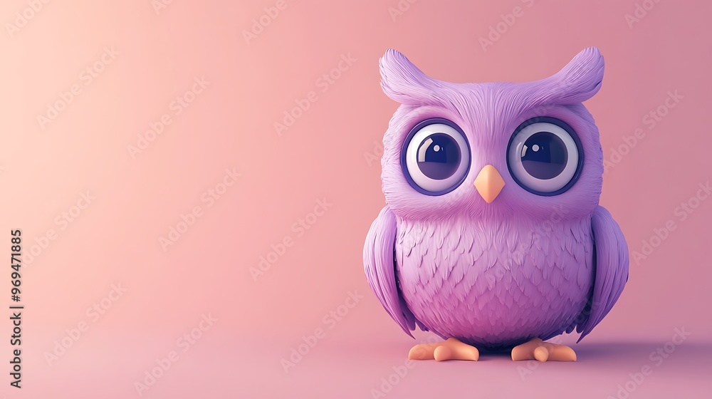 Fototapeta premium Whimsical 3D Cartoon Owl on Pink Background - Cheerful and Endearing Purple Owl with Big Eyes in Blender Rendering