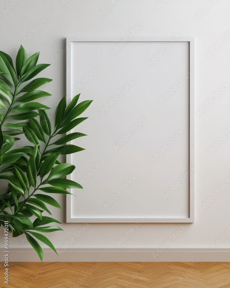 A minimalist interior featuring a blank frame and lush foliage, perfect for home decor or art display inspiration. A minimalist interior featuring a blank frame and lush foliage, perfect for home decor or art display inspiration.