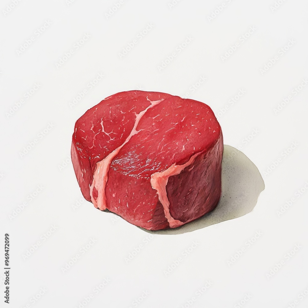 Raw Beef Tenderloin, watercolor painting, rich red hue, glossy surface, white background, elegant display, subtle shadowing, soft light accents, natural look, fresh appeal Raw Beef Tenderloin, watercolor painting, rich red hue, glossy surface, white background, elegant display, subtle shadowing, soft light accents, natural look, fresh appeal