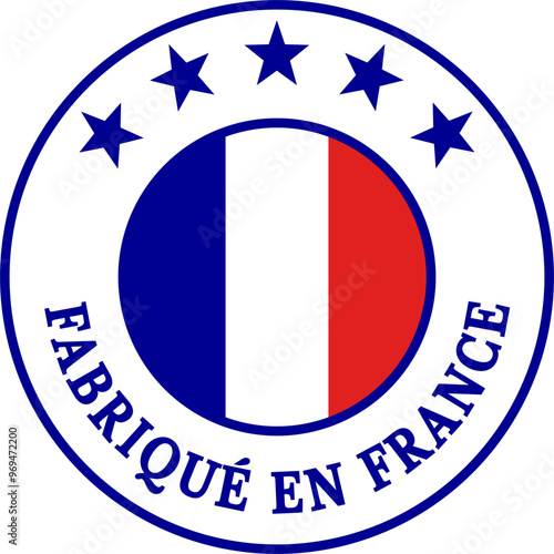 Fabriqué en France : badge, autocollant, label ou icône symbolisant la qualité et l'origine de la production française. Fond blanc derrière le texte. Transparent au-delà pour le png