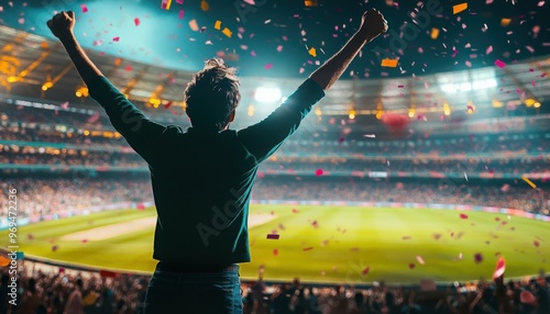 Fan Celebrating with Arms Raised and Confetti Around While Watching a Cricket Match