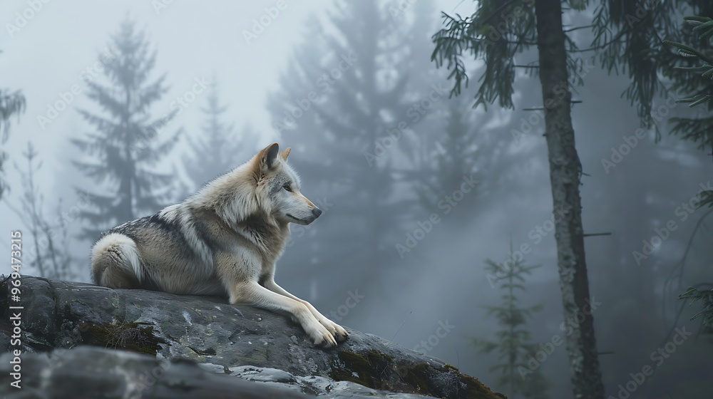 Obraz premium Magnificent grey wolf in a foggy forest relaxing on a rock
