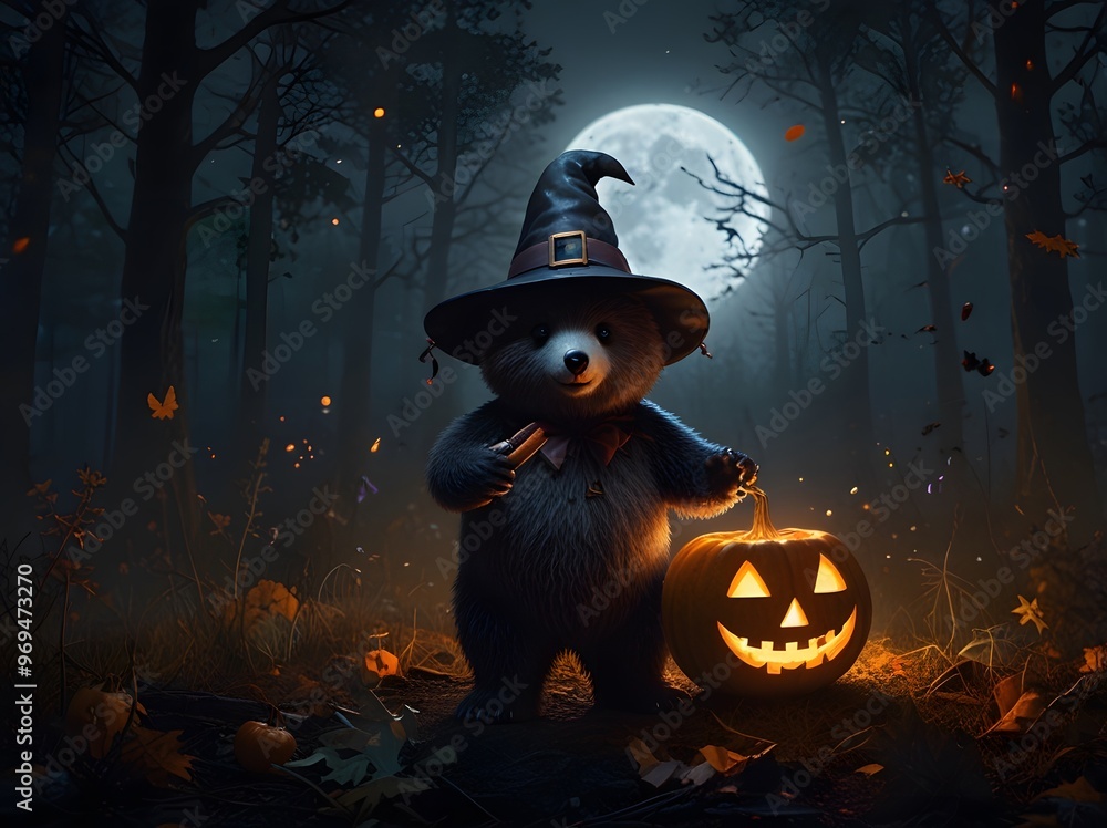 Fototapeta premium Cute Bear Witch Halloween Costume Forest Night