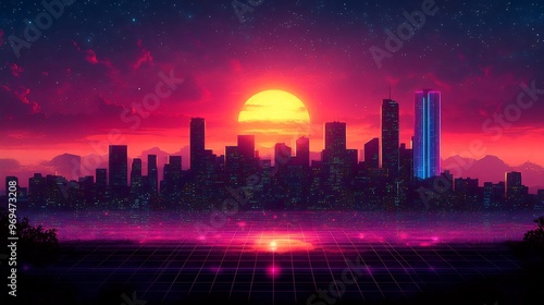 Vector design of a retrostyle city skyline at night with neon lights gridlines and a glowing sunset on the horizon capturing the essence of 1980s aesthetics photo