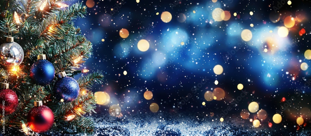 Christmas and New Year background with space for text: fir branches and New Year decorations on a background in blue and light blue tones Christmas and New Year background with space for text: fir branches and New Year decorations on a background in blue and light blue tones