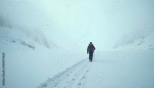 A lone hiker navigates a snow-covered path in a foggy environment, evoking a sense of adventure and solitude in winter's harsh beauty.