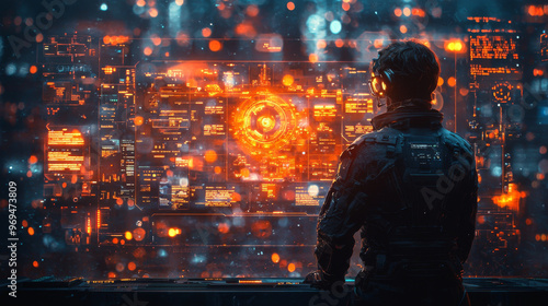 A futuristic soldier stares at a large screen filled with data.