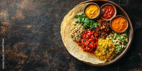 Ethiopian Restaurant with a Plate of Injera and Various Wots photo