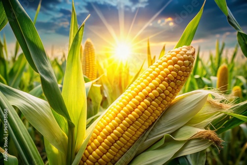 Golden corn kernels bursting out of a split ear, surrounded by lush green leaves and stalks, set against photo