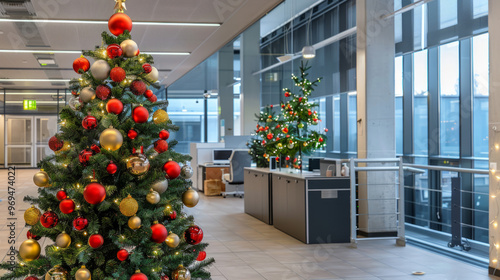 Business Christmas Tree Decoration in Office Environment. photo