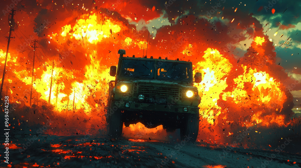 A military vehicle drives through a fiery explosion. A military vehicle drives through a fiery explosion.
