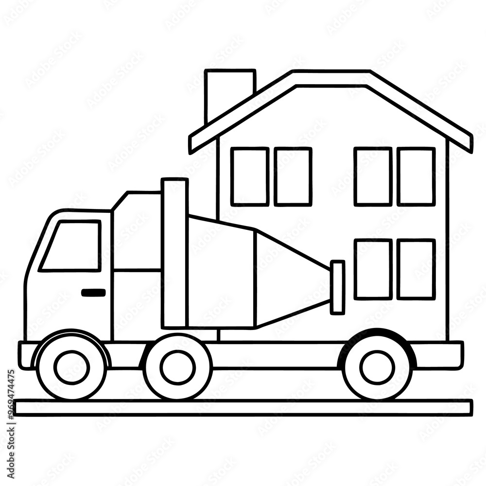 mixer truck with building outline coloring book page line art drawing mixer truck with building outline coloring book page line art drawing