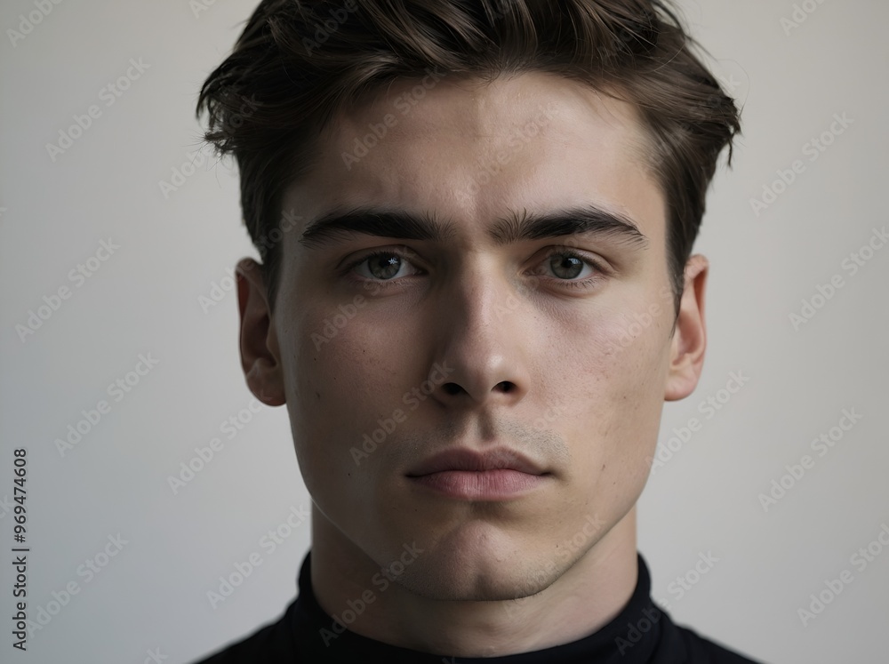 A serious young man in a black turtleneck stares directly at the camera, showcasing his chiseled features and intense gaze in a minimalist setting. A serious young man in a black turtleneck stares directly at the camera, showcasing his chiseled features and intense gaze in a minimalist setting.