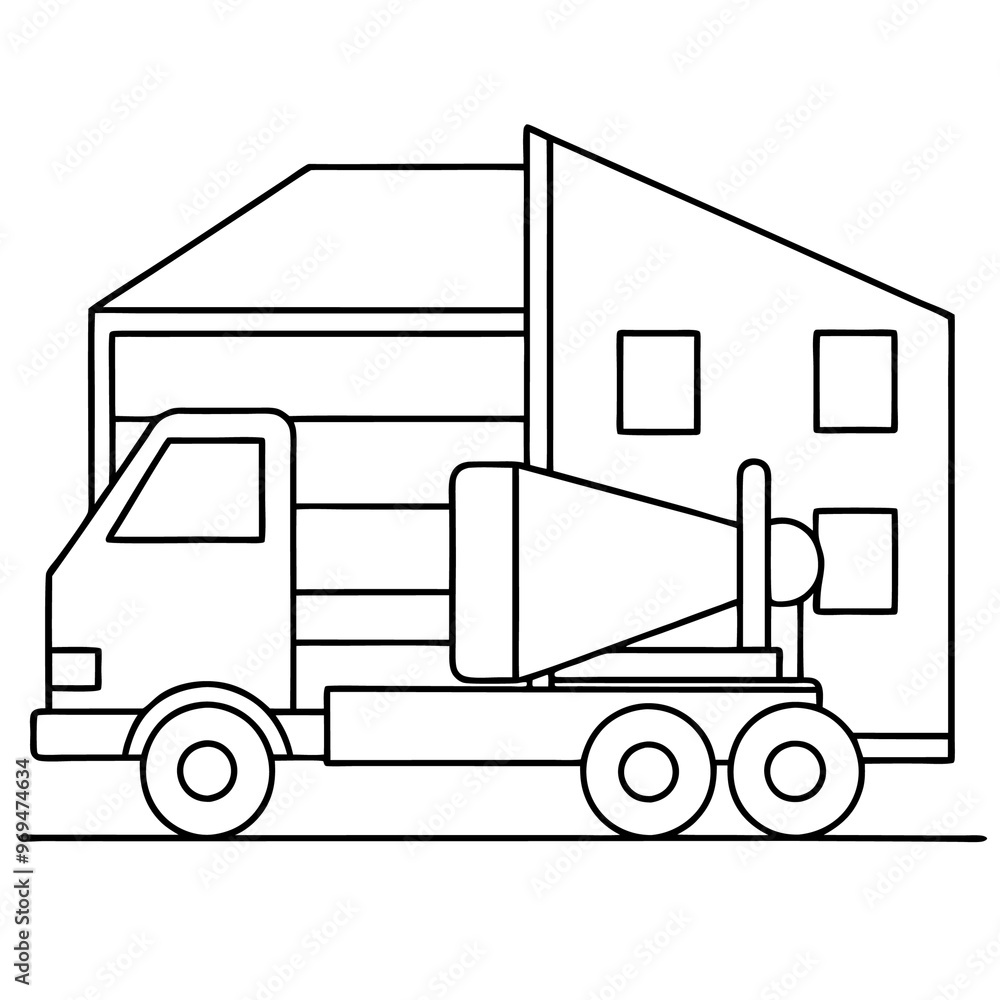 mixer truck with building outline coloring book page line art drawing mixer truck with building outline coloring book page line art drawing