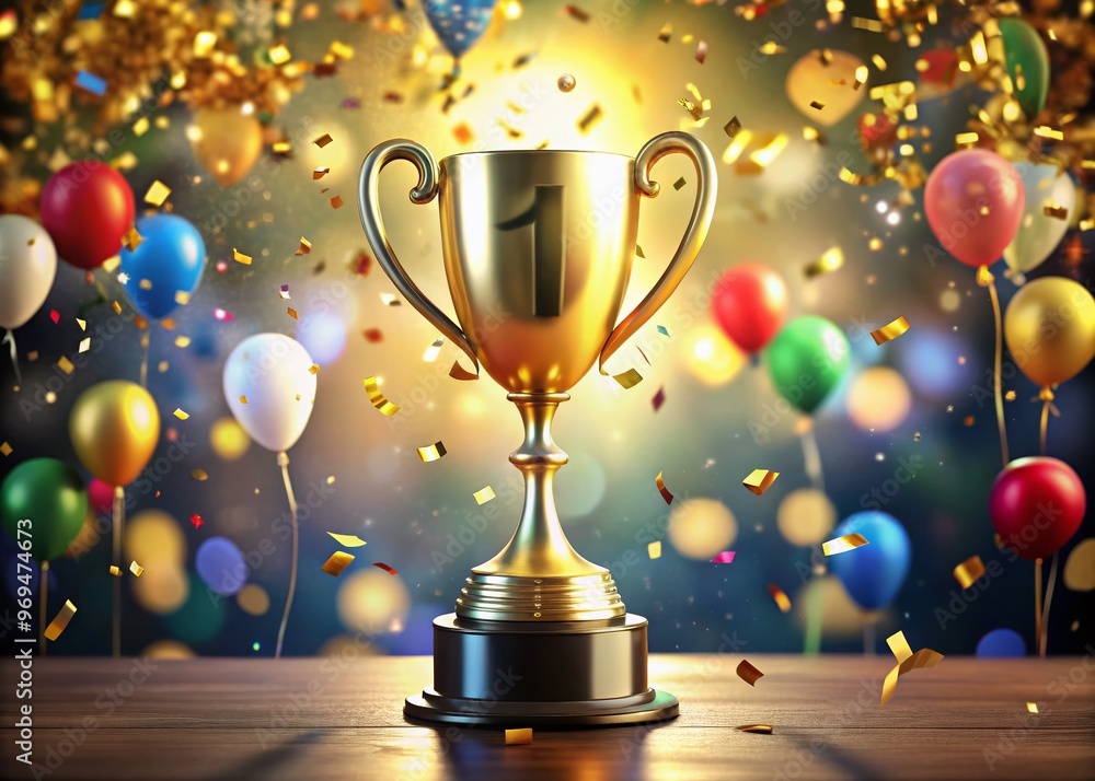 Golden trophy with a shiny number 1 emblem on a gleaming pedestal, surrounded by confetti and balloons, against Golden trophy with a shiny number 1 emblem on a gleaming pedestal, surrounded by confetti and balloons, against