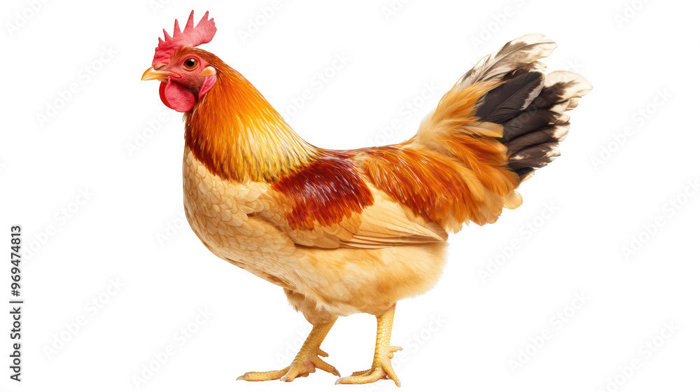 Fototapeta premium A vibrant and detailed image of proud rooster showcasing its colorful plumage and distinctive features. This majestic bird stands confidently, embodying essence of farm life and natures beauty. 
