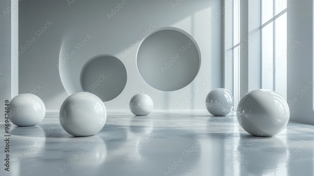 A minimalist interior featuring white spheres and circular wall cutouts. A minimalist interior featuring white spheres and circular wall cutouts.