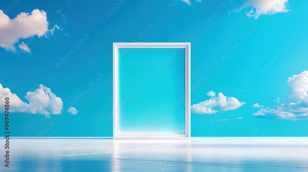 Fototapeta premium A serene and minimalistic scene featuring a white frame against a bright blue sky with clouds, symbolizing opportunity and imagination.