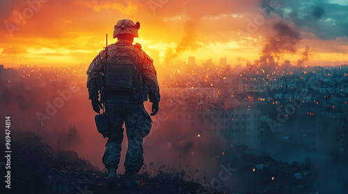 A lone soldier stands silhouetted against a fiery sunset, gazing out at a city in ruins.