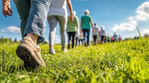 Senior group participating in an outdoor wellness walk, public health community event, elderly community walk, active lifestyle