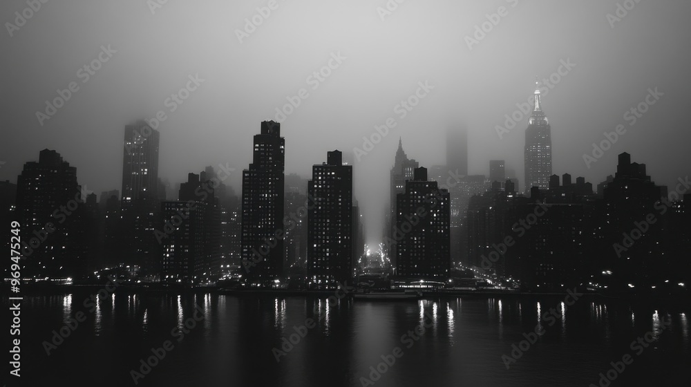 Fototapeta premium A black and white photograph of a city skyline at dusk, with lights beginning to twinkle.