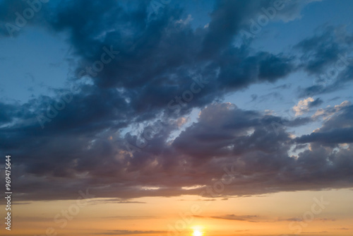 Dramatic view of dark clouds during sunset, creating a moody sky.