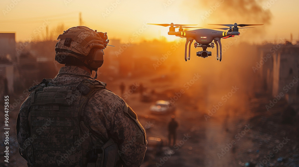 A soldier in camouflage uniform watches a drone fly overhead during a sunset. A soldier in camouflage uniform watches a drone fly overhead during a sunset.