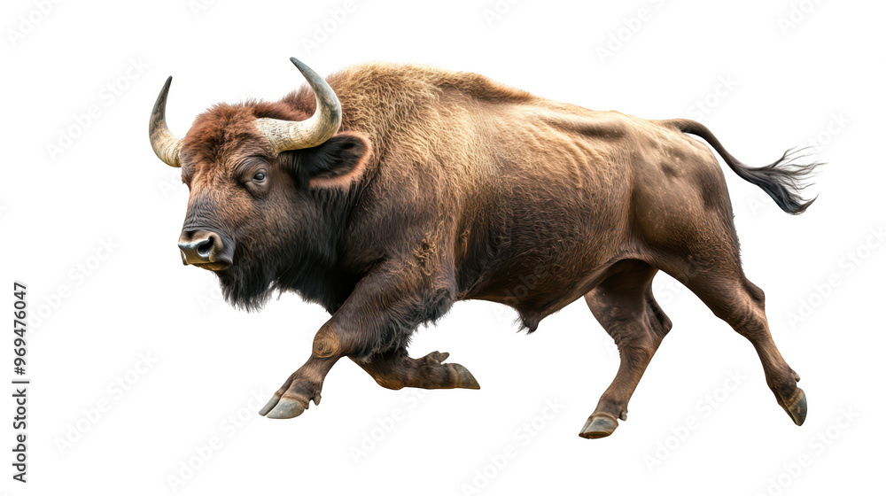 A powerful bison running across plain, showcasing its muscular build and impressive horns. This majestic animal embodies strength and grace in motion, highlighting beauty of wildlife. A powerful bison running across plain, showcasing its muscular build and impressive horns. This majestic animal embodies strength and grace in motion, highlighting beauty of wildlife.