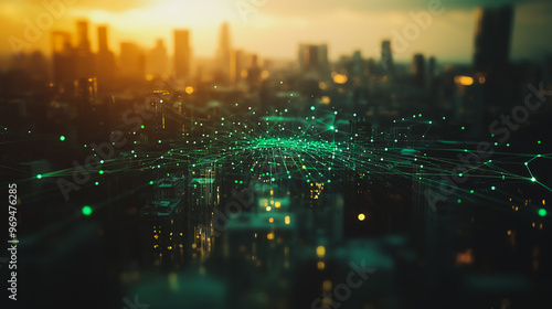 Smart digital city with connection cyber security network reciprocity over the cityscape . future smart wireless digital city and social media networking systems that connects people within the city