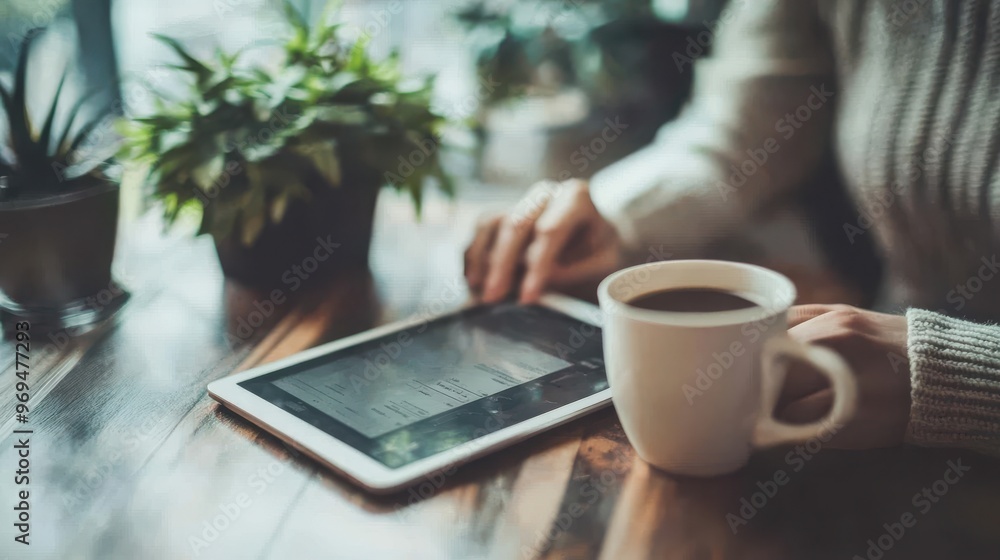 A person in a cozy setting using a tablet while enjoying a cup of coffee, with plants on a wooden table.
A person in a cozy setting using a tablet while enjoying a cup of coffee, with plants on a wooden table.