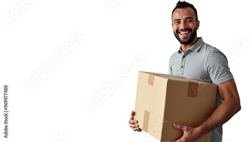 Smiling man in yellow shirt carrying cardboard boxes on transparent background, delivery boy png, Home delivery concept, young delivery boy