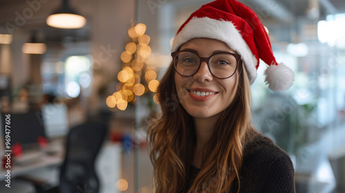 Holidays at work with a business woman celebrating Christmas  photo