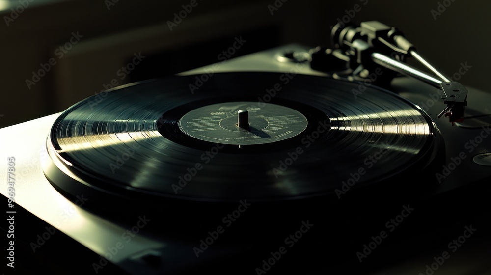 A black vinyl record spinning on a turntable, with soft light casting shadows around it. A black vinyl record spinning on a turntable, with soft light casting shadows around it.