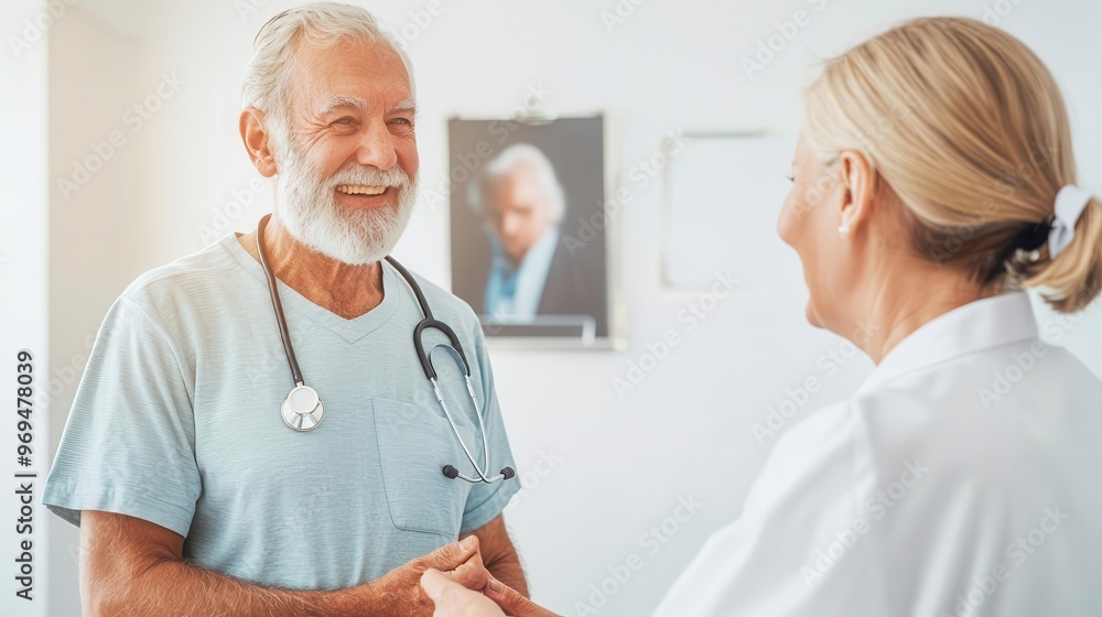 Senior man taking part in a wellness checkup with a nurse, bright clinic setting, elderly wellness checkup, preventive care Senior man taking part in a wellness checkup with a nurse, bright clinic setting, elderly wellness checkup, preventive care