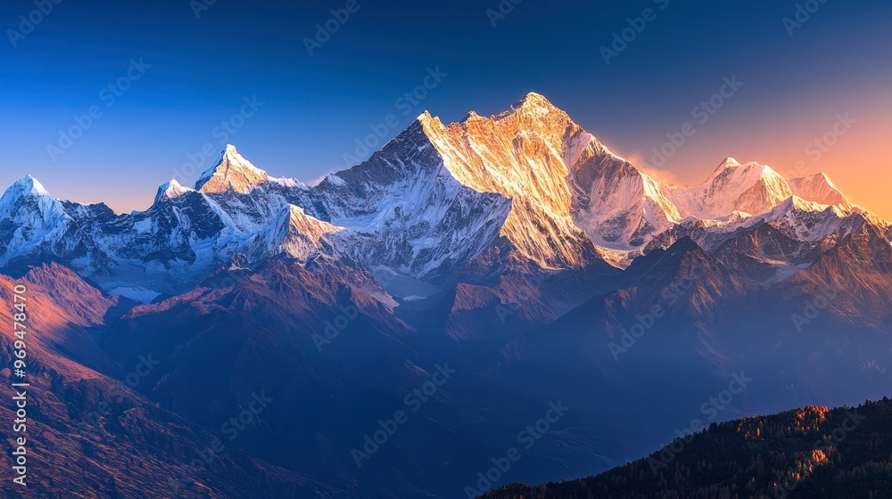 Obraz premium A breathtaking view of snow-capped mountain peaks bathed in the golden light of sunrise, with a clear blue sky.