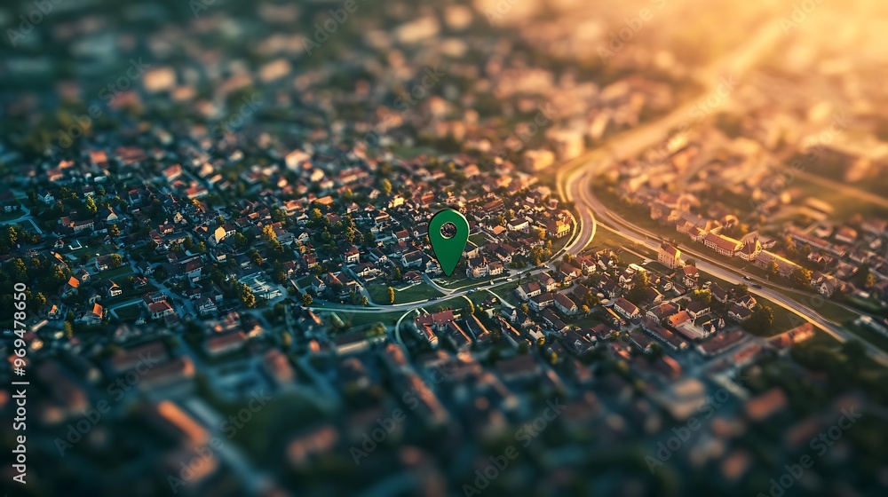Twilight Aerial View of Town with Green Marker under Warm Dusk Light and Blurred Surroundings Twilight Aerial View of Town with Green Marker under Warm Dusk Light and Blurred Surroundings