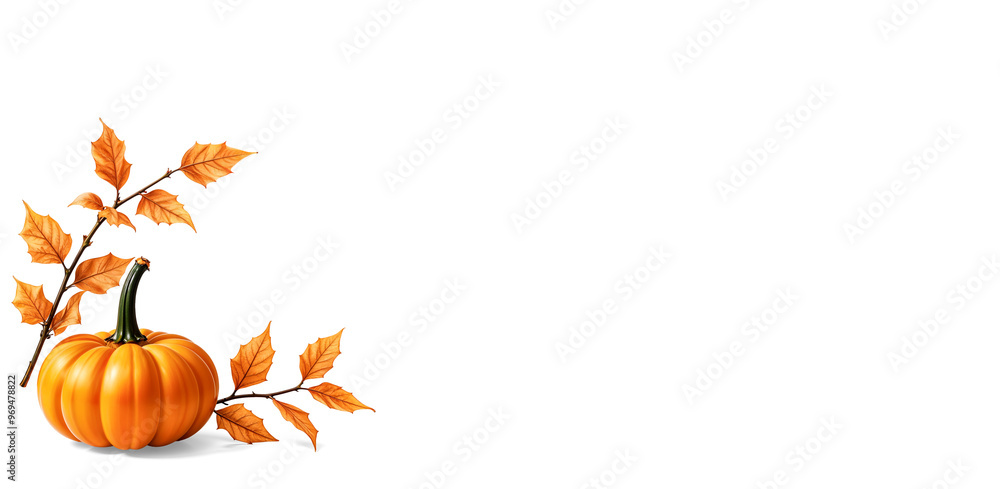 Naklejka premium Minimalist Autumn & Seasonal banner. Pumpkin and Autumn Leaves isolated on Transparent Background: Minimalist Fall Design with Copy Space for Text. PNG